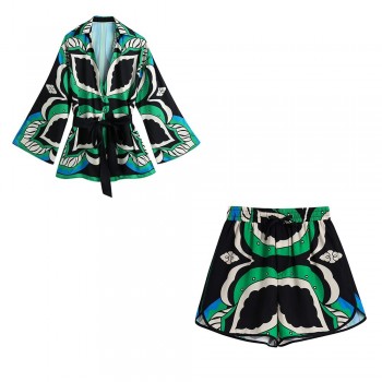 Bermuda Women Sets 2 Pieces Summer Oversized Long Green Print Sashes Knot Kimono Shirts and High Waist Wide Leg Shorts